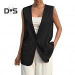 Naiste vest, varrukateta, &uuml;he n&ouml;&ouml;biga l&auml;&auml;ne stiilis &otilde;huke kardiganist kost&uuml;&uuml;m Puhasv&auml;rviline s&uuml;gav V-kaelus, ametlik &auml;ristiilis naiste vest M must