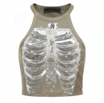 Punk Aesthetic Cyber ​​Retro X-ray Skeleton Print Rib Varrukateta Vest ArmyGreen Crop Top Disainriided Naiste 2024 Suve Emo S armee roheline v&auml;rv