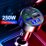 5-pordiline kiirlaadimine PD QC3.0 USB C 250W LED-autolaadija autotelefoni laadija C-t&uuml;&uuml;pi adapter autos iPhone'i jaoks Samsung Huawei Xiaomi Super Car Charger