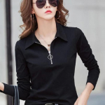 Kevadine Slim Fit &Uuml;hev&auml;rviline POLO kaelusega Puuvillane Naiste Mood Pikkade varrukatega Aluss&auml;rk Pluss Suurus XXXXL must