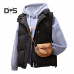 Talvine naiste vest mantel, paksendatud polsterdatud t&otilde;mblukuga, p&uuml;stkrae, varrukateta vest, &uuml;hev&auml;rviline tuulekindel kuumust hoidev sulemantel v&auml;ljas L must