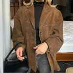 Prantsuse vintage pruun rev&auml;&auml;riga taskujakk Naine Retro &uuml;herealine pikkade varrukatega vabaaja mantel S&uuml;gises uus &scaron;ikk High Street Outwear M pruun