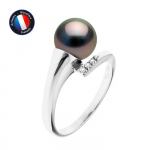 PERLINEA - Bague V&eacute;ritable Perle de Culture de Tahiti Ronde 8-9 mm - V&eacute;ritable Diamants - Or Blanc - Bijou Femme