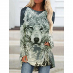 Vintage T-s&auml;rk Wolf 3D-printeriga T-s&auml;rgid Naiste Mood T-s&auml;rk pikkade varrukatega etnilised topid T-s&auml;rgid Mustriga t-s&auml;rk, pikad topid, naised S