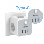 TESSAN Travel USB-pistikupesa adapter 3 vahelduvvoolu pistikupesa, 3 USB-pordiga (2.4A) ja toitel&uuml;liti, EU Wall Cube pistikupesa nutitelefoni, tahvelarvuti, kaamera jaoks 3 Outlets 1Type-C 2 USB A hall v&auml;rv
