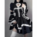 S&uuml;gisene Jaapani stiilis gooti cosplay peokleit naistele pikkade varrukatega volangide pitsiga must minikleit Y2k vintage Lolita kleit uus XL must