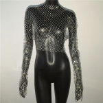 Naiste seksikas l&auml;bipaistva v&otilde;rguga T-s&auml;rk L&auml;ikiv Rhinestone Fishnet Hollow Out Crop Top Pikkade varrukatega Beach Cover Up Party Club Tankid L h&otilde;be