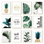 P&otilde;hjamaade kuldse ananassi rohelised lehed dekoratiivsed l&otilde;uendimaalid troopilised taimed Looduslikud tsitaadid seinaplakat elutuppa ilma raamita A-60x80cm(No Frame)