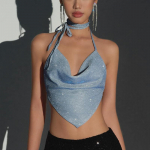 Halter Top S&auml;rgid S&auml;rgid Glitter 2025 Suve R&otilde;ivad Sinine S&auml;rav Siidist Top R&uuml;&uuml;situd Top L&uuml;hike Seljatu Vest Seksikad Topid L&uuml;hikesed R&otilde;ivad S sinine