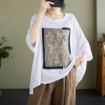 Naiste Suvine Puuvillase Linu L&uuml;hikeste Varrukatega T-s&auml;rk Pluss Suurus Harajuku &Uuml;mara Kaelusega Vabaaja Vintage Tr&uuml;kiga Topid XXXXL valge