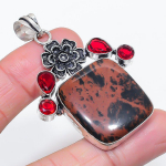 Natural Mahogany Obsidian, Garnet 925 Sterling Silver Jewelry Pendant 2.36 m9v57