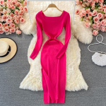 Naiste kleit Korea vabaaja O-kaelusega silmkoelised kleidid Naiste pikkade varrukatega k&otilde;rge v&ouml;&ouml;kohaga maksikleidid 2021. aasta mood Tide One Size roosa punane v&auml;rv