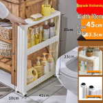 &Uuml;limalt kitsas 10 cm laiune ratastega hoiuriiul k&ouml;&ouml;ki, vannituppa, k&uuml;lmkapi vahesse ja elutuppa. P&otilde;randal seisav k&auml;ru.