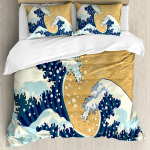 Jaapani laine tekikate komplekt Meretorm Jaapanis Traditsiooniline joonistus Vahutavad lained Voodipesu komplekt T&auml;issuurus Maa kollane Tume sinine EU Single(135*200cm)3pcs