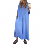 Naiste lai maxi kleit V-kaelusega l&uuml;hikeste varrukatega pikk kleit suvine vabaaja A-l&otilde;ikeline rannakleit taskutega M