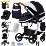 BAZARLAND30.Poussette 3 en 1 B&eacute;b&eacute; Combin&eacute;e Si&egrave;ge-Auto Nacelle Trio R&eacute;versible cuir pu Roues increvables Canne.NOIR BLANC ARGENT must
