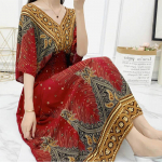 Puuvillane siidist kleit keskmise pikkusega rannakleit, suur lilleline boheemlaslik vaba vabaaja kleit V-kaelusega XXL