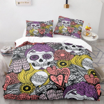Flower Skull Print voodipesu &Uuml;he kaheinimesevoodi t&auml;issuuruses padjap&uuml;&uuml;r ja tekikate 2 v&otilde;i 3 musta pealuuprintiga Mugav kodukaunistus UK Single 135x200cm