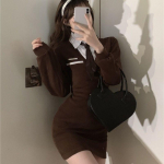 Vintage koolis&auml;rkkleit Naiste preppy stiil Retro Student Bodycon Wrap &otilde;hukesed l&uuml;hikesed kleidid mantel S&uuml;gismood S pruun