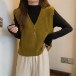 L&uuml;hike kootud vest naiste kevad- ja s&uuml;giskujundusega varrukateta V-kaelusega kampsun Jaapani stiilis on laisk ja retro One Size must
