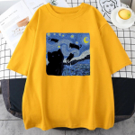 &Otilde;limaal Must kass Starry Night Unisex T-s&auml;rgid Hingavad O-kaelusega puuvillased T-s&auml;rgid Riietus Loovus Naljakad topid Unisex l&uuml;hikeste varrukatega L