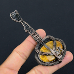 Natural Fossil Coral Gemstone Handmade Copper Wire Wrap Guitar Pendant 3.1 g8f59