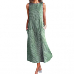 Suvine triibulise tr&uuml;kiga varrukateta O-kaelusega A-line k&uuml;lgtaskutega p&auml;ikesekleit avarad, s&auml;&auml;re keskpaigani ulatuv lapiline igap&auml;evaseks kandmiseks m&otilde;eldud midikleit XL khaki