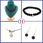 Pierres et Min&eacute;raux. Parure Bracelet Collier Boucles D'oreilles Pendantes 20 perles Lave 8 Taille personnalisable.