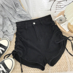 K&otilde;hnad moodsad ja mitmek&uuml;lgsed seotud joonega volditud teksap&uuml;ksid Naiste disainiga suvised k&otilde;rge v&ouml;&ouml;kohaga elastsed &otilde;hukesed sirged A-kujulised laia s&auml;&auml;rega p&uuml;ksid S must hall v&auml;rv