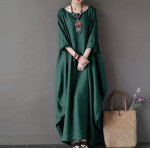 Pluss-suuruses naiste &uuml;mara kaelusega puuvillane linane kleit pikkade varrukatega, &uuml;hev&auml;rviline retrokleit suvine lahtine maxi kleidid XXXL roheline