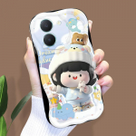 Armas koomiksimustriga kreemjas tekstuuriga korpus, lainelise servaga pehme silikoonkaanega telefoni&uuml;mbris Vivo jaoks Vivo Y73 valge