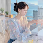 Naiste Prantsuse stiilis sinine lilleline pikkade varrukatega &scaron;ifoonpluus kevadine ilus topp XXL sinine