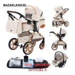 BAZARLAND30.Poussette 3 en 1 B&eacute;b&eacute; Combin&eacute;e Si&egrave;ge-Auto Nacelle Trio R&eacute;versible R&eacute;glable Haute Qualit&eacute; Roues increvables Canne. BLANC