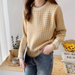 Klassikaline O-kaelusega ruuduline silmkoeline naiste kampsun avar vintage pullover, s&uuml;gistalv, uued pikkade varrukatega naisteriided one size must