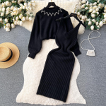 S&uuml;gistalvine naiste elegantne silmkoeline kampsun, kaheosaline komplekt, naiste &otilde;huke bodycon mantliga kleit ja p&auml;rlitega pullover, &uuml;likond One Size