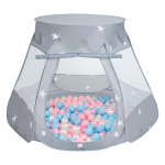 Selonise m&auml;ngutelk 105x90cm/300 palli lossimaja pop-up ballpit plastikpallid lastele, hall:babyblue/puderrosa/p&auml;rl 105x90cm/300 balls