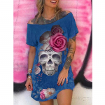 Naiste mood, vaba vabaaja l&uuml;hikeste varrukatega pealuu, prinditud &otilde;lakleit Seksikas minikleit suures suuruses L sinine