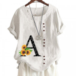 Lilletr&uuml;kiga t&auml;hestik naiste puuvillane linane vabaaja s&auml;rk &uuml;mara kaelusega ja l&uuml;hikeste varrukatega S-5XL S