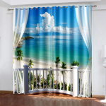 3D digitaaltr&uuml;kiga kardinamuster Rannavaade Kardinad elutuppa magamistuppa Kodu kaunistus Kardinapuule Sinine taev W50xH130(CM)x2PCS-Rod pocket