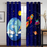 Laste Multikad Kosmoseruum Kardinad Galaktika Rakett Beebipoisi Magamistupp Lapsed Astronaut Planeet T&auml;htedega Kunstitr&uuml;kiga M&auml;ngutuba W50xH130(CM)x2PCS-Grommet Top blue