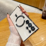 Luksuslik laserklaas Samsung Galaxy S24 S23 S22 S22 S21 Ultra Plus FE &uuml;mbrisele, magnetiline juhtmevaba laadimine, silikoonist l&auml;bipaistev kate For Galaxy S21 must