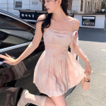 Elegantne varrukateta rihmaga minikleit naiste rannastiilis pitskleit 2024. aasta suve vintage &uuml;hes t&uuml;kis Korea moodne kleit S roosa