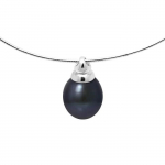 PERLINEA - Collier Perle de Culture d'Eau Douce AAA+ - Poire 9-10 mm - Noire - Omega en Argent 925 Milli&egrave;mes - Bijoux Femme