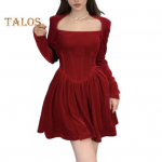 Naiste kleit ruudukujulise kaelusega plisseeritud A-l&otilde;ikeline pikkade varrukatega plisseeritud kitsa v&ouml;&ouml;kohaga sametist minikleit ballikleit banketipeokleit l&uuml;hike kleit s&uuml;gis kevad printsessikleit S veinipunane v&auml;rv