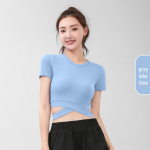 Peach Navel-Baring Cross l&uuml;hikeste varrukatega &otilde;huke &otilde;mblusteta joogakost&uuml;&uuml;m k&otilde;rge v&ouml;&ouml;kohaga liibuv naiste fitnesstop L t&auml;ht/must