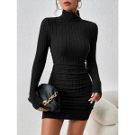 Uus seksikas minikleit naistele S&uuml;gismust, soliidne kilpkaelus, pikkade varrukatega mantelkleit Klubi Elegantne Bodycon Peokleidid Naistele S must