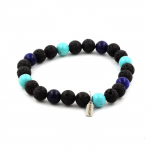 Pierres et Min&eacute;raux. Bracelet Perles Lapis Lazuli + Turquoise + Lave 8 mm. Fabriqu&eacute; en France.