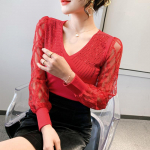 Pitsist aluss&auml;rk naiste moekas topp V-kaelus triikraud teemant T-s&auml;rk pikkade varrukatega M punane