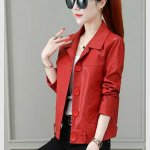 Naiste nahktagi kevad- ja s&uuml;gisene Korea versioon PU nahktagi lahtisest l&uuml;hikesest mootorratta nahktagi M punane