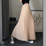 2024 Naiste Retro L&auml;ikiv Plisseeritud Maksiseelik : K&otilde;rge v&ouml;&ouml;kohaga, Slim Fit kevadiseks ja suviseks. One Size (Skirt Length 100CM) aprikoosi
